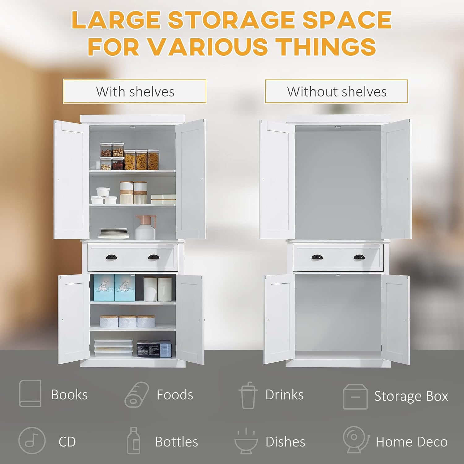 72" Freestanding Kitchen Pantry Cabinet, Tall Storage Cabinet with 2 Door Cupboards, Drawer and Adjustable Shelves, White,16 * 30 * 72.5