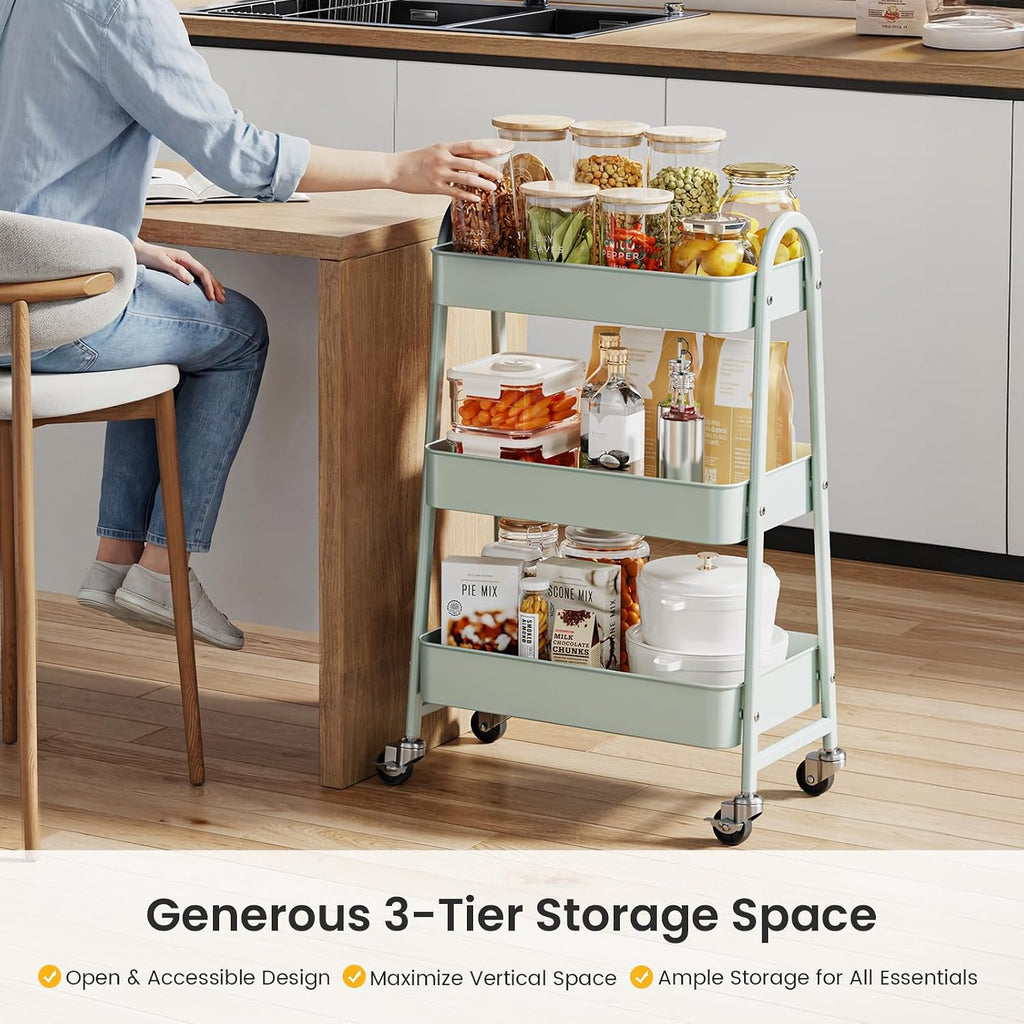 DUMOS 3 Tiers Metal Rolling Utility Cart with Lockable Wheels, Mobile Storage Organizer, Utility Shelving Unit for Kitchen, Office, Bathroom, Laundry, Narrow Places, Light Green