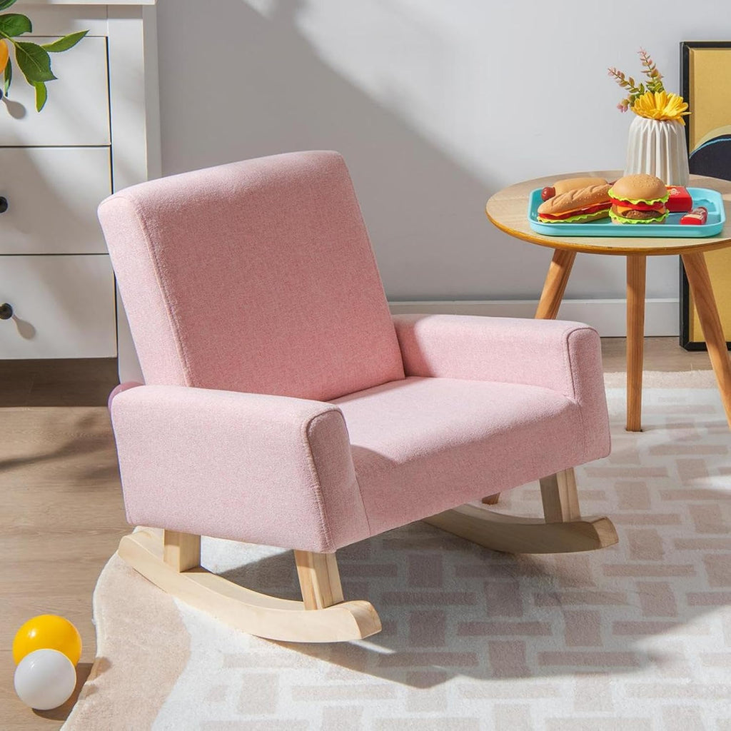 GLACER Toddler Rocking Chair, Fabric Kids Rocker w/Solid Wooden Frame & Non-Slip Mat, Anti-Tipping Design, Comfy Indoor Sofa for Living Room, Playroom, Bedroom (Pink)
