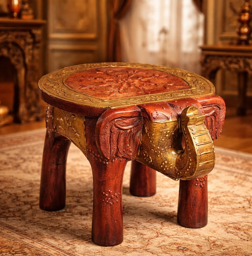 End Table, Handmade Wooden Elephant Side Table, Small Round End Table, Nightstand with Tapered Legs, for Small Spaces, Living Room, Bedroom, Rustic Wooden Stools