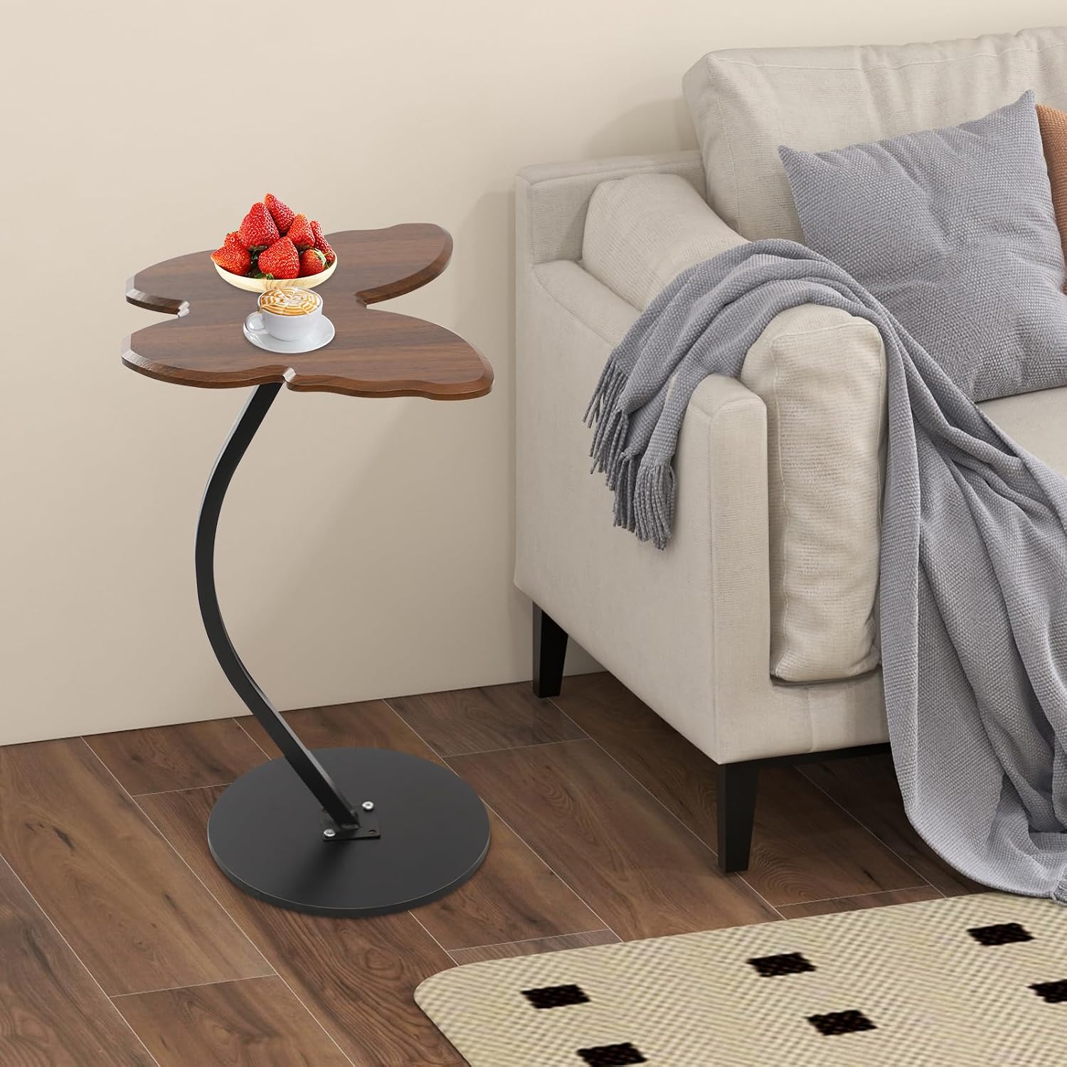 C-Shaped End Table, Butterfly Shaped Sofa Side Table with Metal Frame, Modern Accent Coffee Bedside End Table for Living Room Bedroom Office