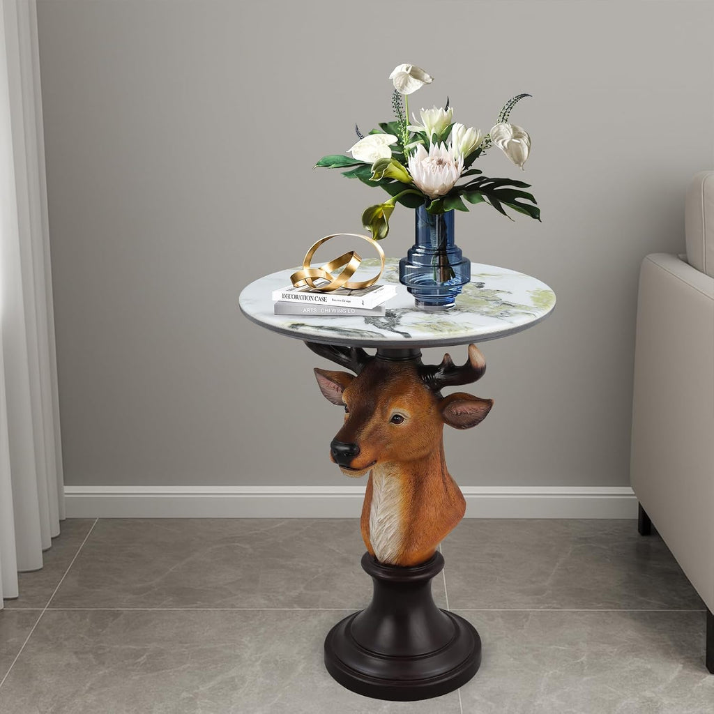 Deer Head Accent Table with Resin Animal Statue, Round Faux Marble End Tables for Living Room, Bedroom or Cabin, Bold Animal-Inspired Decorative Side Tables, Sturdy Accent Furniture for Home Décor