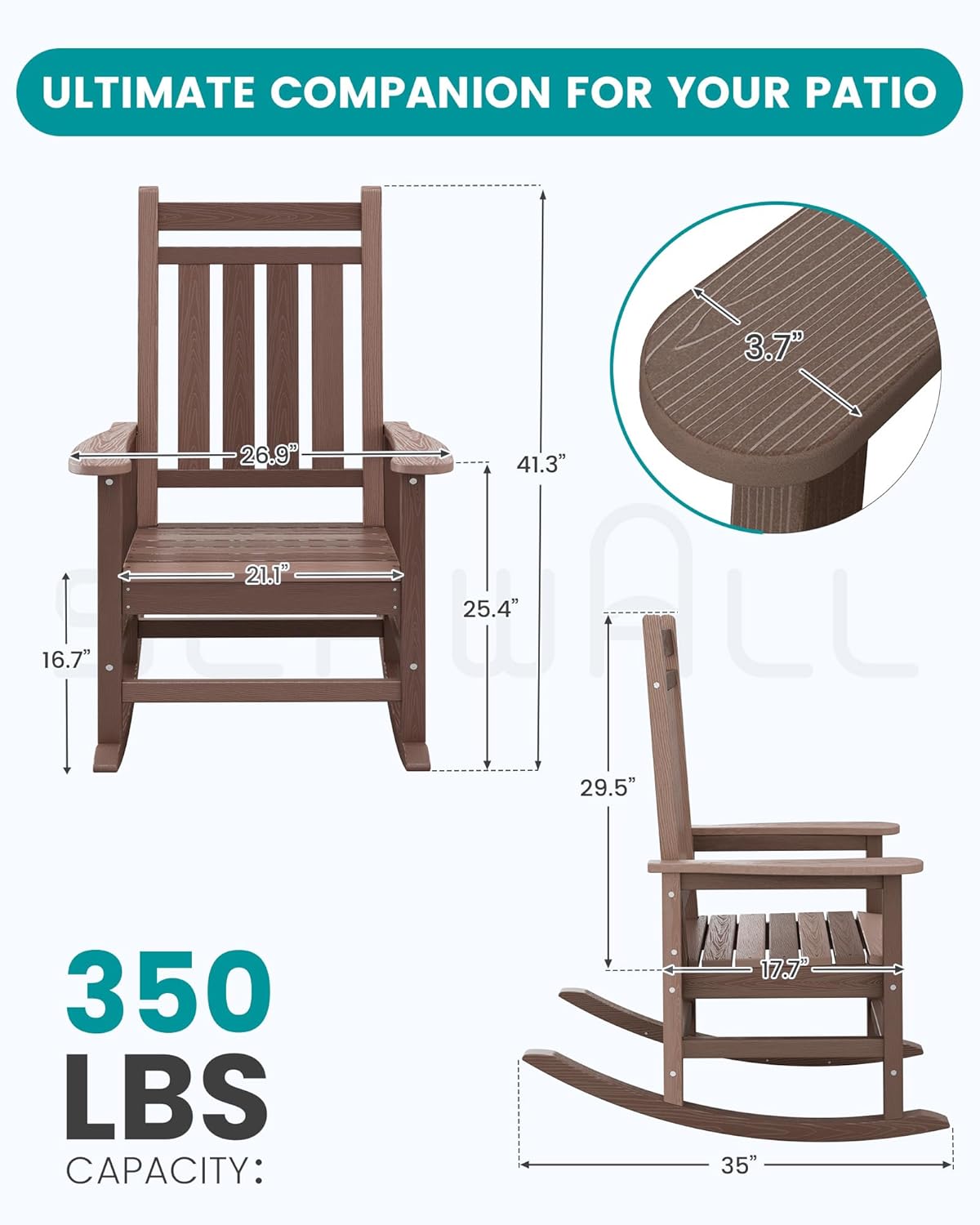 SERWALL Outdoor Rocking Chair Set of 2, HDPE Rocking Chair for Adults, All Weather Porch Rocker for Lawn Garden, Unique Color Matching Each Chair Varies, Multi-Tone Brown