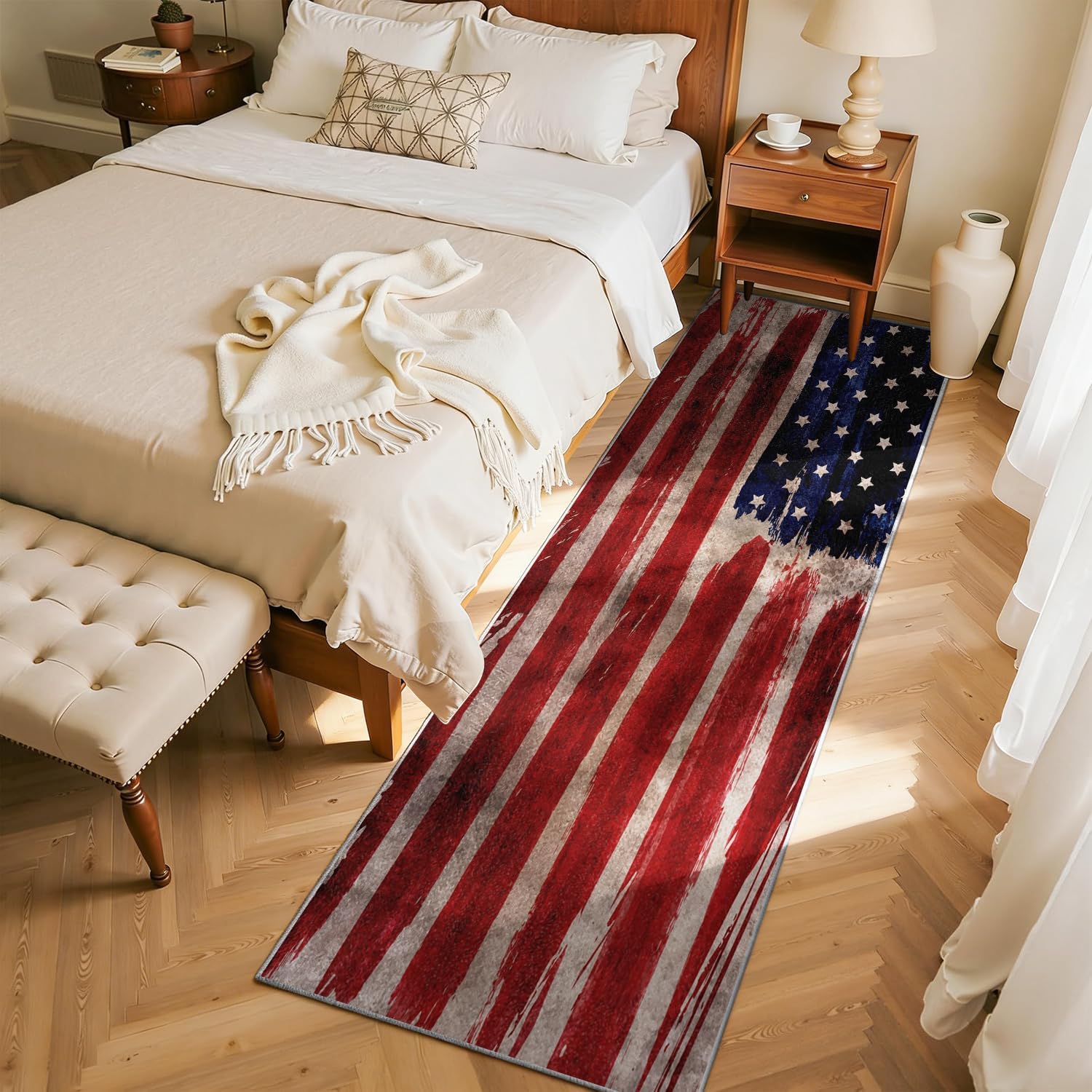 Vintage American Flag Runner Rug, 2x5ft, Soft Machine Washable Non-Slip Long Rug Runners for Hallways, Blue Red White Star Stripe Flag Independence Day Carpet for Indoor Entrance Dining Kitchen