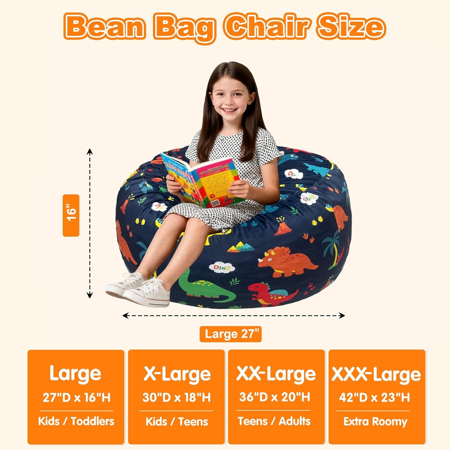 Lukeight Dinosaur Bean Bag Chair for Kids and Teens, Memory Foam Filled Floor Lounger, Washable Velvet Cover with Inner Liner, Beanbag Chair with Filling for Gaming and Reading, Large 27" D x 16" H