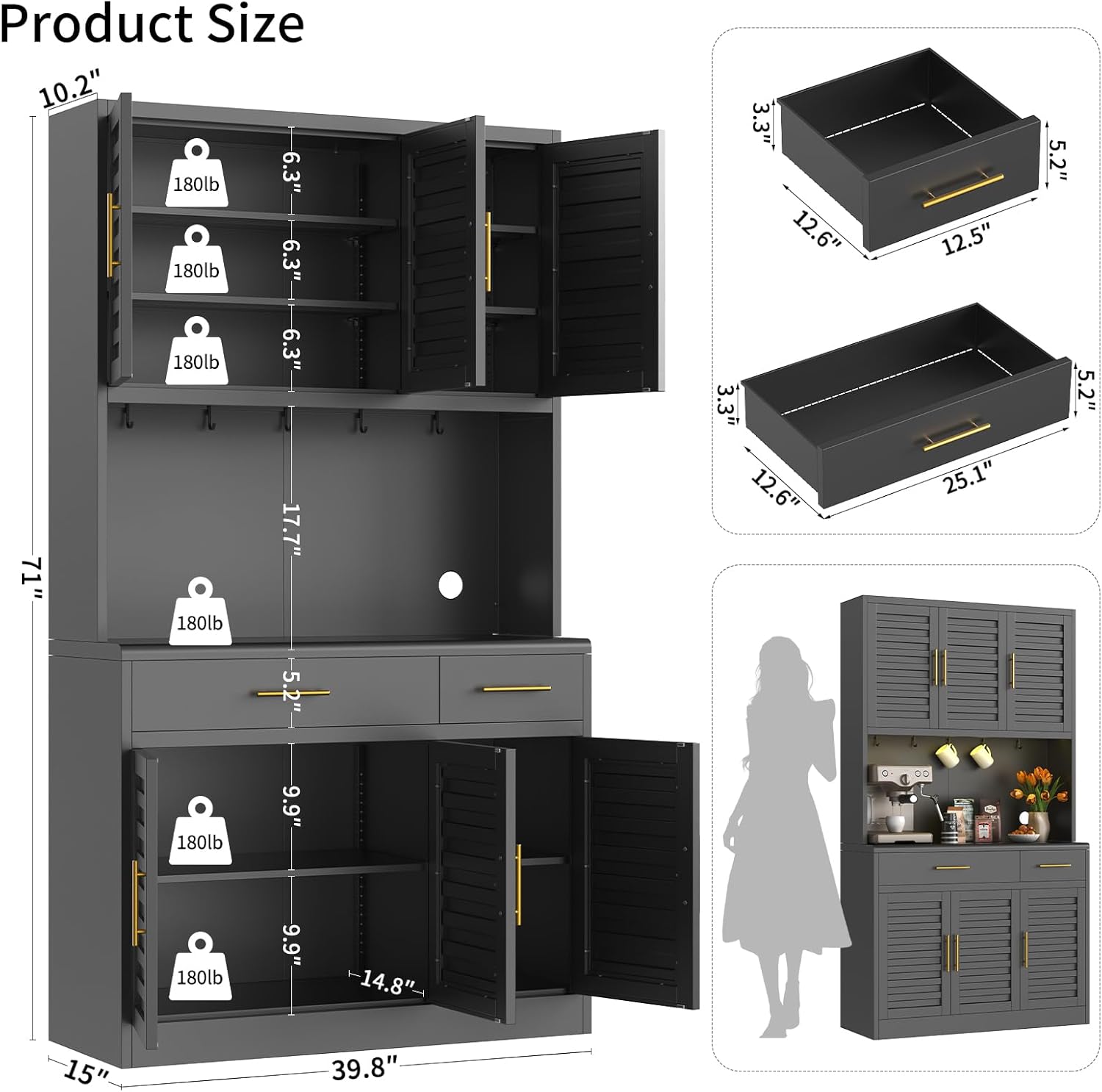71" Tall Kitchen Pantry Cabinet with 6 Adjustable Shelves, Large Capacity Kitchen Hutch Storage Cabinet with Microwave Stand, 2 Storage Drawers for Dining Room, Kitchen