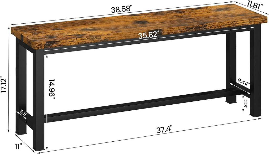 Recaceik Dining Benches - Pair of 2 Industrial Benches for Dining Room, Kitchen, Entryway, Bedroom - 39 Inch, Rustic Brown Metal Legs, Easy to Assemble
