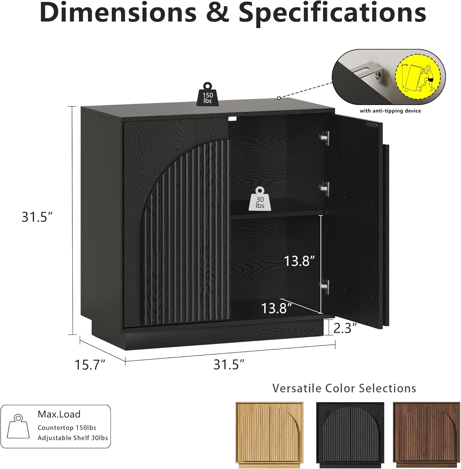 win2win Fluted Sideboard Buffet Cabinet with Storage, 31.5" Modern Accent Cabinet with Double-Layered Arch Doors, Small Wood Console Credenza for Living Room,Dining Room,Entryway,Hallway,Black,1PCS