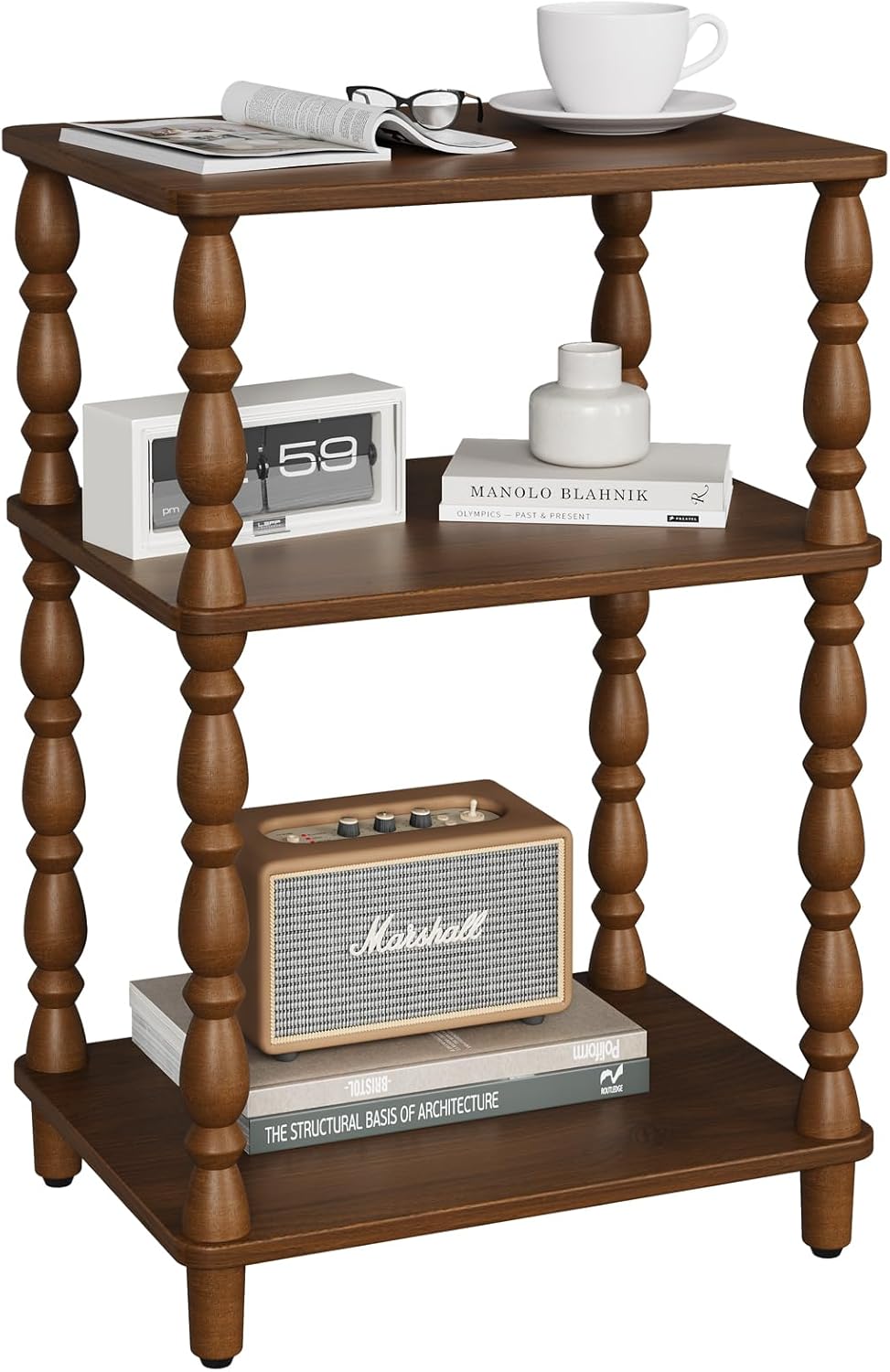 Yoobure Small Side Table - Vintage End Tables Living Room with Spindle Legs, Accent Night Stand with 3-Tier Storage Shelf, Wood Nightstand for Bedroom, Bedside Table for Narrow Spaces, Walnut