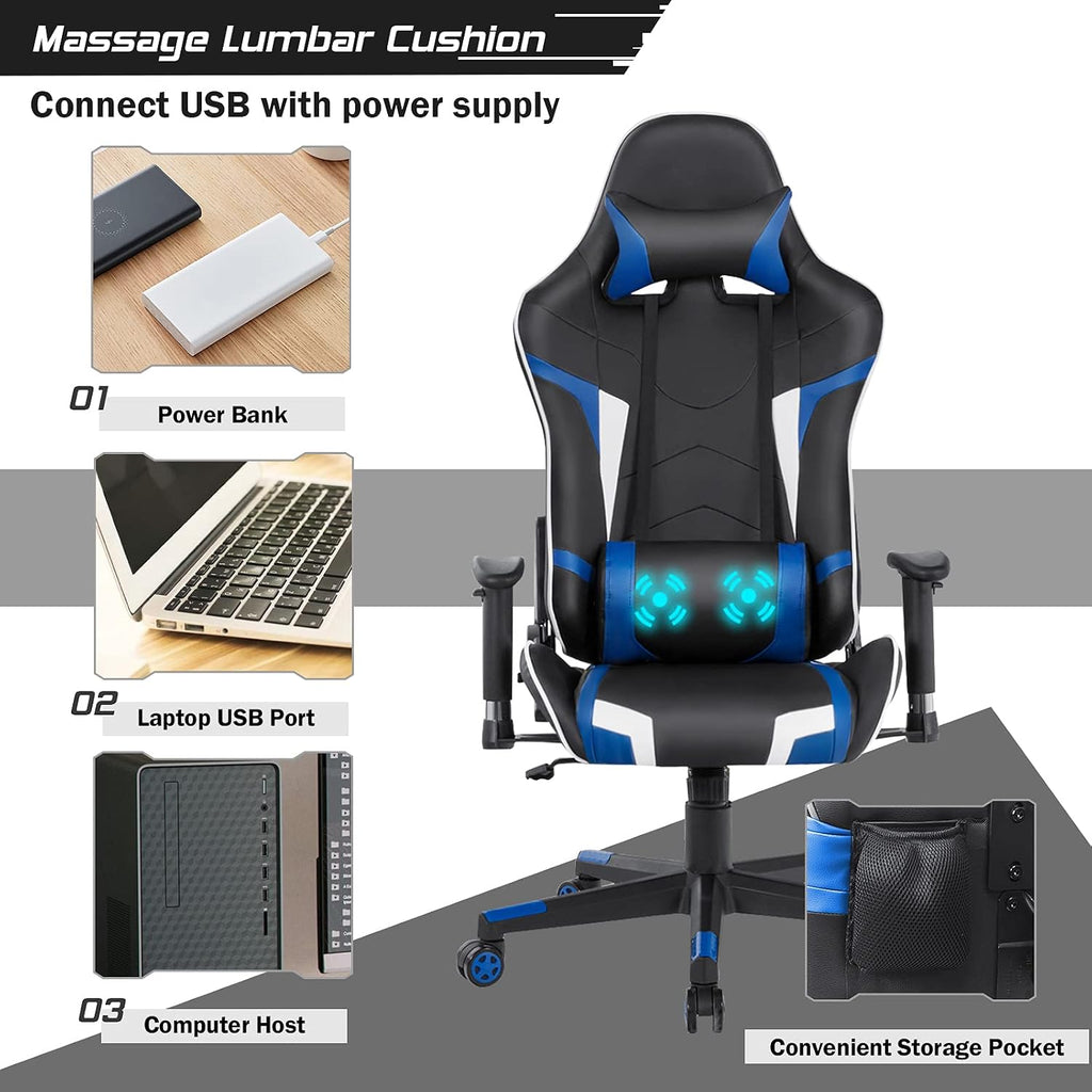 GYMAX Gaming Chair, Massage Gaming Chairs for Adults with Headrest, Lumbar Support & Armrest, Video Computer Reclining Gaming Chair, Office Desk Gamer Task Chair (Blue)