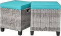 COSTWAY Set of 2 Wicker Ottomans, Outdoor 3-in-1 All Weather Rattan Foot Rest, Side Table, Additional Seating with Removable Seat Cushions and Steel Frame for Patio, Deck, Backyard, Porch (Turquoise)