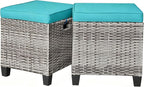 COSTWAY Set of 2 Wicker Ottomans, Outdoor 3-in-1 All Weather Rattan Foot Rest, Side Table, Additional Seating with Removable Seat Cushions and Steel Frame for Patio, Deck, Backyard, Porch (Turquoise)