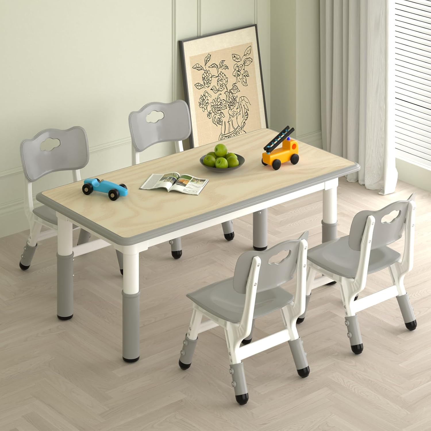 LulliSpace Kids Study Table and 4 Chairs Set,Height Adjustable Table and Chairs for Children and Toddlers,47.2"X23.6"Graffiti Desktop,Suitable for Daycare,Classrooms, Home