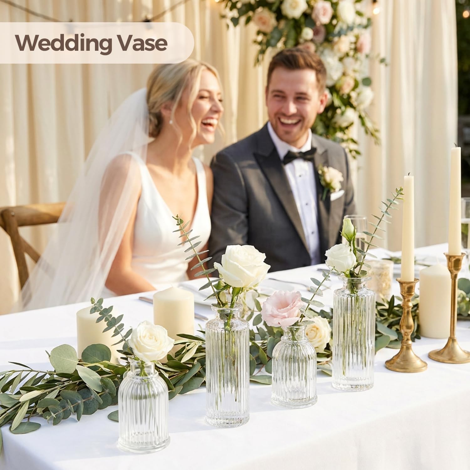 ComSaf Glass Bud Vases Set of 3, Small Flower Vases in Bulk, Mini Ribbed Vases for Centerpieces, Clear Vintage Vase for Table Decorations, Wedding, Party, Receptions, Home Decor (Different Sizes)