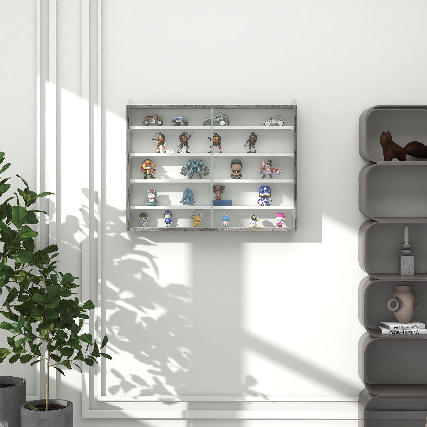 HOMCOM 5-Storey Wall Shelf Display Cabinet, Shot Glass Display Case, Glass Curio Cabinet with 2 Glass Doors and 4 Adjustable Shelves, Grey and White