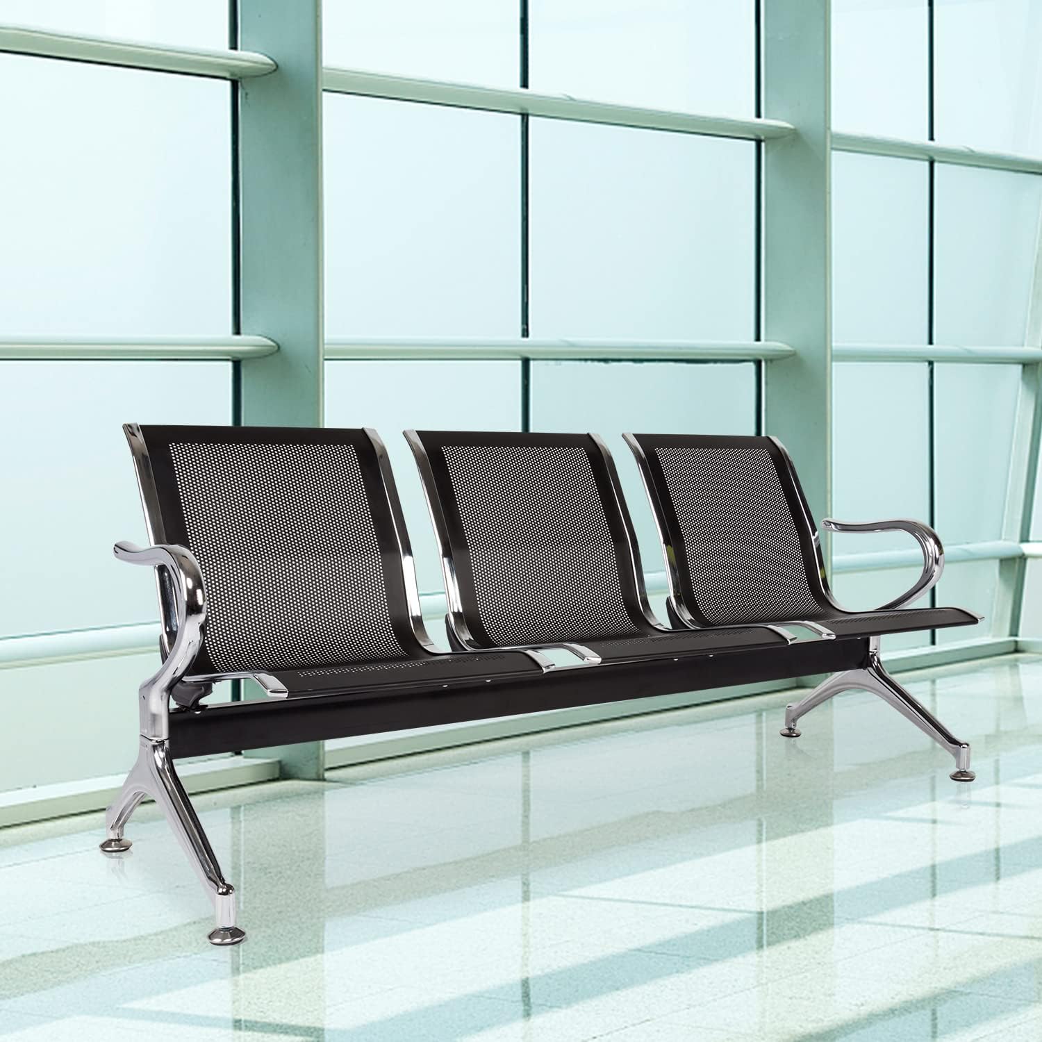 3-Seat Waiting Room Chairs - Waiting Room Bench with Arms Airport Reception Bench Guest Reception Chairs Lobby Bench Waiting Area for Airport Market Bank Hospital School Barbersho, Black
