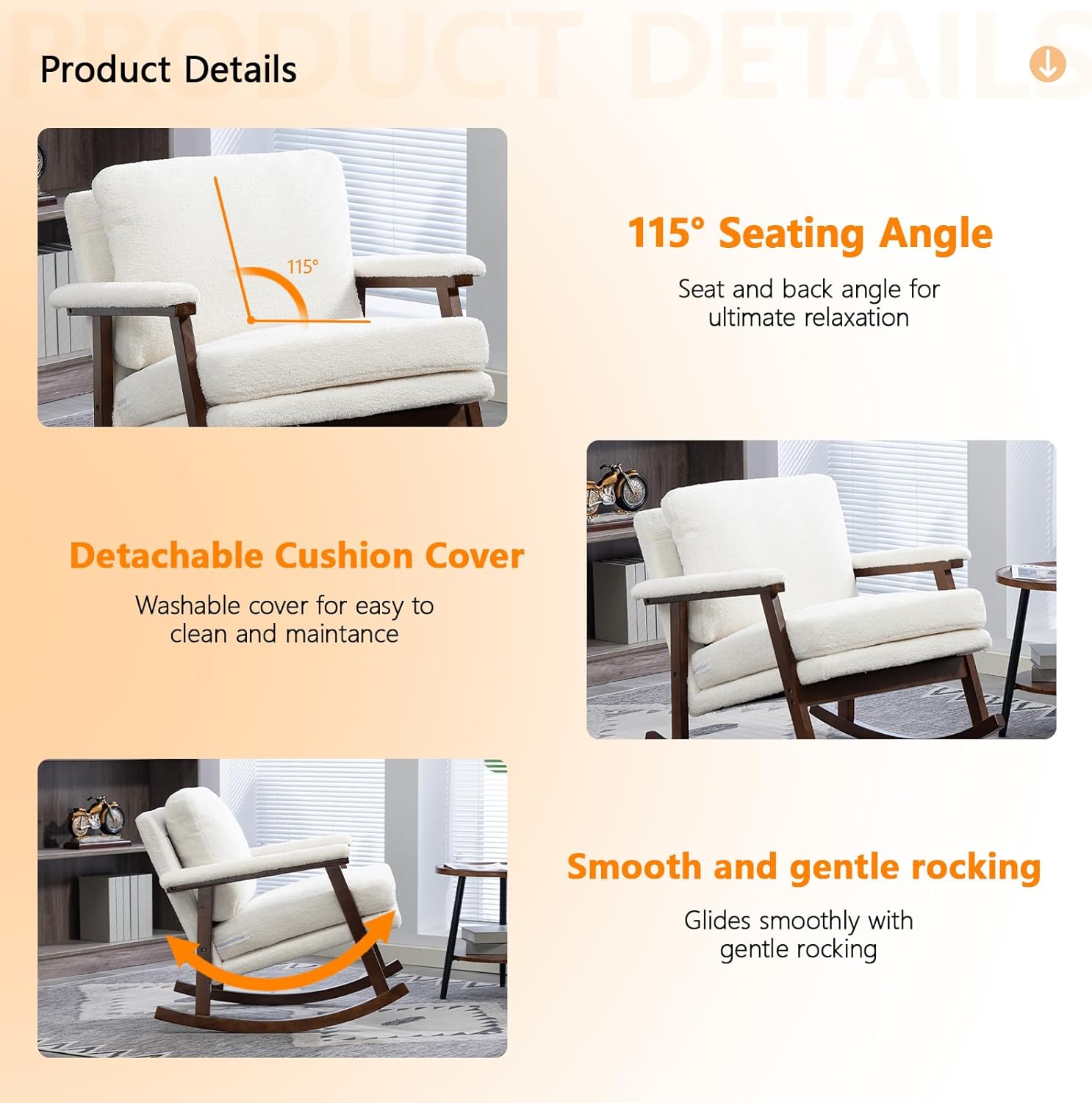 Nursery Rocking Chair with Upholstered Cushion, Wooden Frame Glider Rocker for Nursery, Comfortable Reading Armchair for Living Room, Bedroom & Sunroom (Antique White)