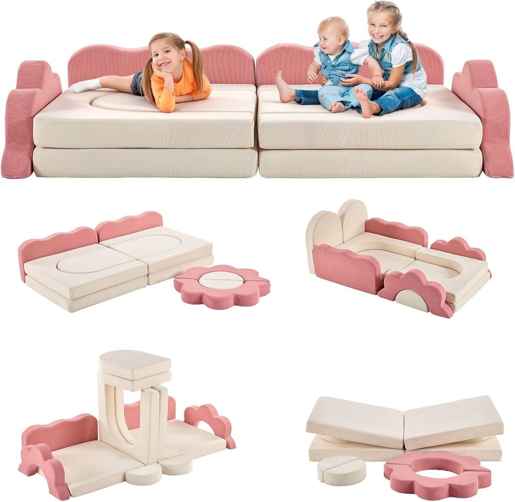 Karl home Kids Couch 12PCS, Modular Kids Play Couch, Indoor Multifunctional Foam Toddler Sofa with Flower Shape, Sectional Convertible Sofa Imaginative Furniture Play Set for Playroom, Pink & White