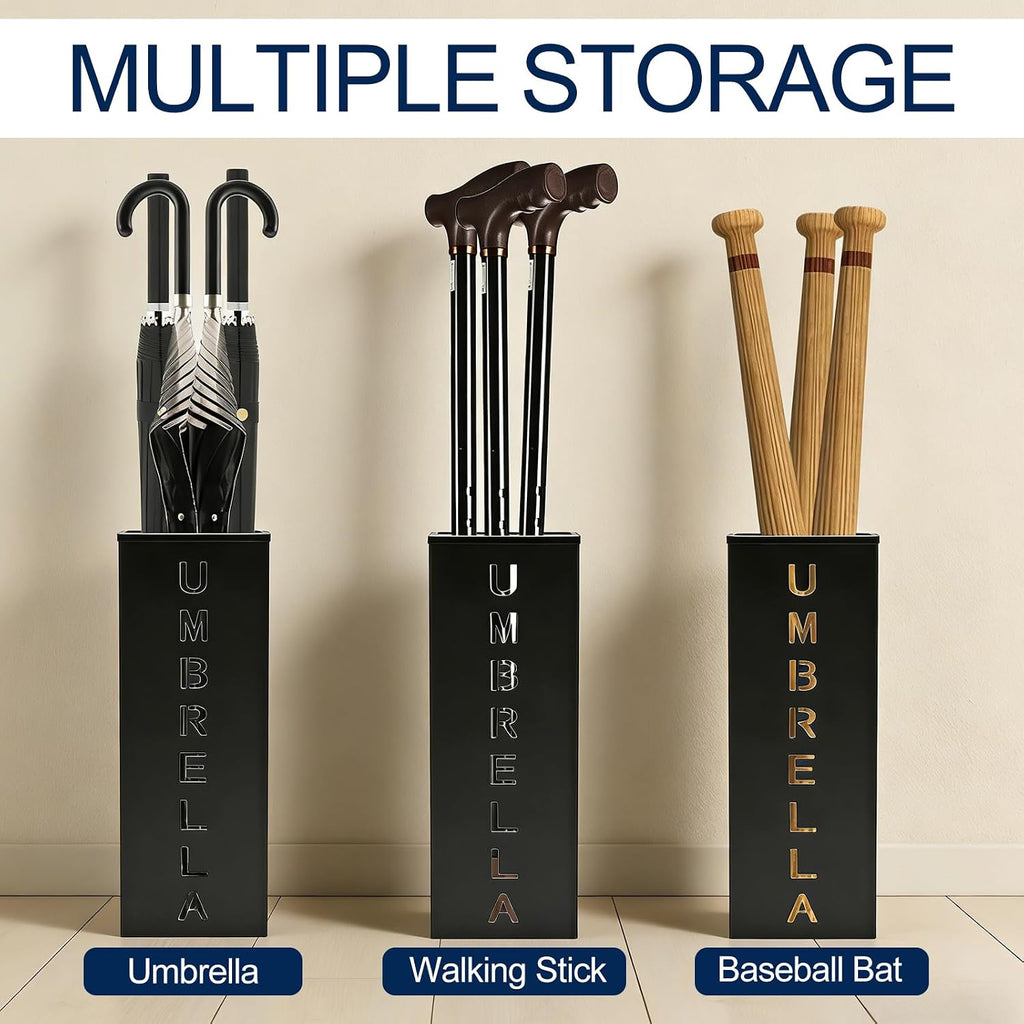Square Metal Umbrella Canes Holder, Free Standing Umbrella Rack Stand Storage Bucket, Walking Sticks Organizer Bin for Indoor Entryway, Home, Office and Hotel, 16.3" x 6.3" x 6.3", Black