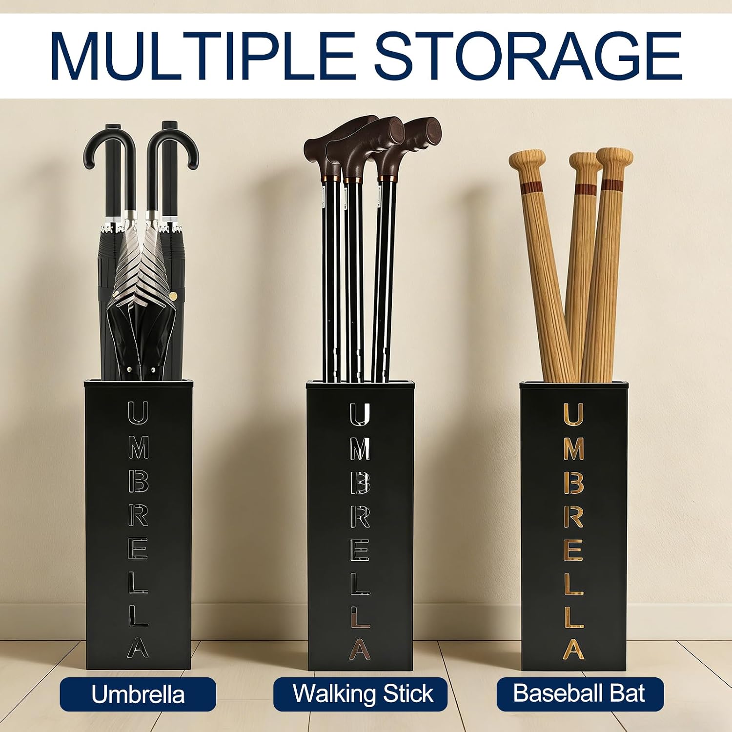 Square Metal Umbrella Canes Holder, Free Standing Umbrella Rack Stand Storage Bucket, Walking Sticks Organizer Bin for Indoor Entryway, Home, Office and Hotel, 16.3" x 6.3" x 6.3", Black
