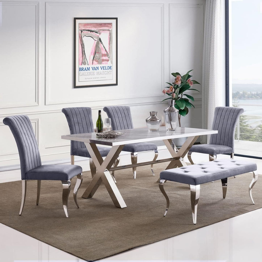 AUZ Benches, Grey and Silver Velvet Upholstered Dining Room Table Bench with Button-Tufted, Modern Glam Chrome Mirrored Chrome Curved Legs