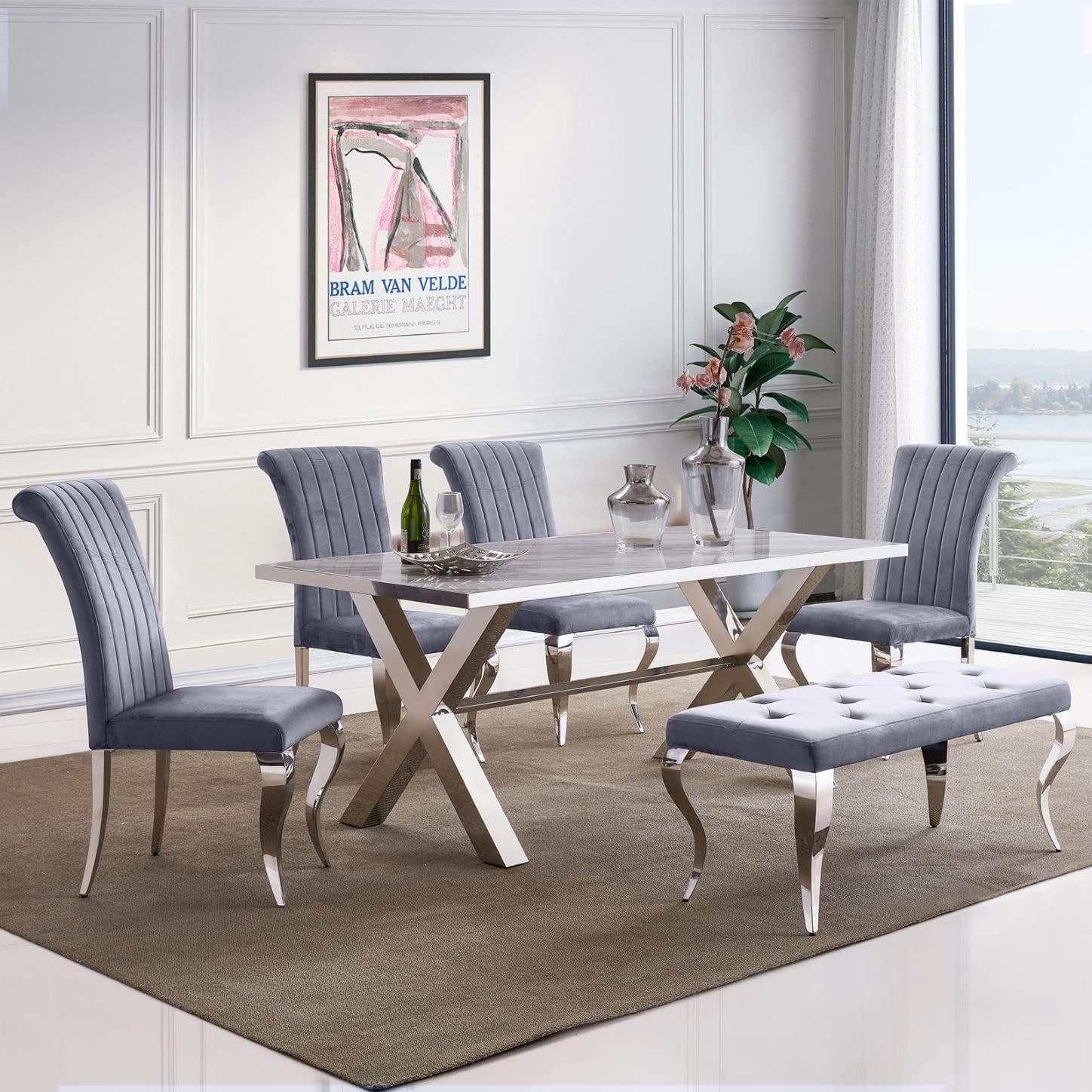 AUZ Benches, Grey and Silver Velvet Upholstered Dining Room Table Bench with Button-Tufted, Modern Glam Chrome Mirrored Chrome Curved Legs