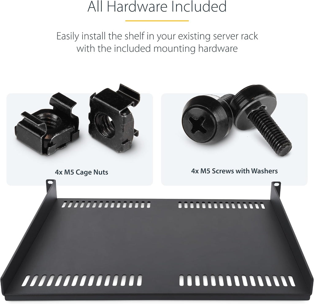 StarTech.com 1U Vented Server Rack Shelf, 16in (40cm) Mounting Depth, Cantilever Tray, Heavy-Duty Steel, 30lb/14kg Capacity