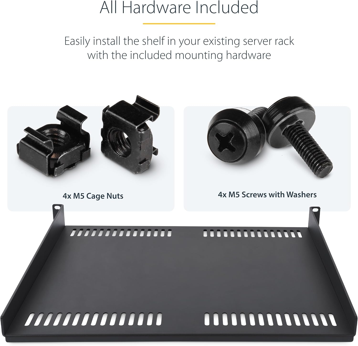 StarTech.com 1U Vented Server Rack Shelf, 16in (40cm) Mounting Depth, Cantilever Tray, Heavy-Duty Steel, 30lb/14kg Capacity