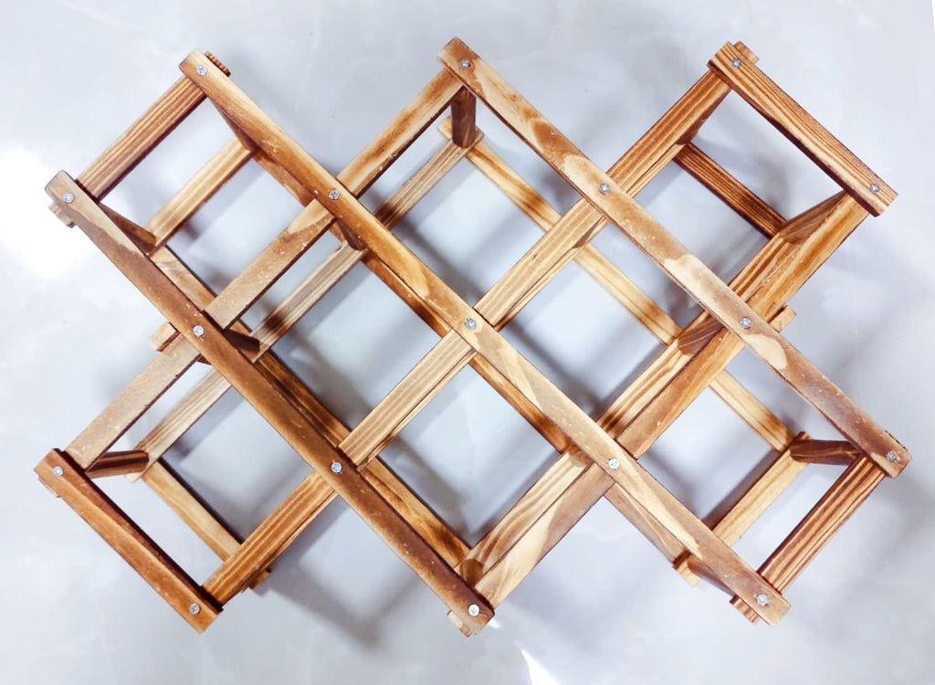 Foldable Wooden Wine Rack, 10-Bottle Expandable Countertop Wine Holder with 8 Individual Slots and Top Storage, Carbonized Pine, No Assembly Required