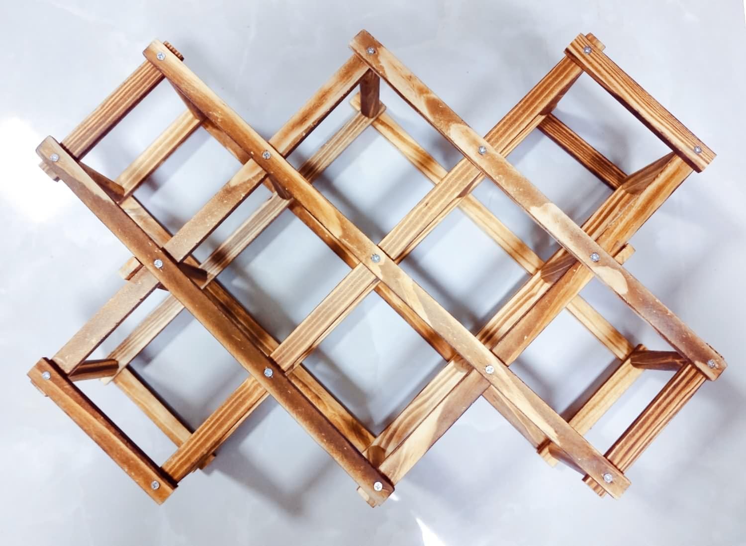 Foldable Wooden Wine Rack, 10-Bottle Expandable Countertop Wine Holder with 8 Individual Slots and Top Storage, Carbonized Pine, No Assembly Required