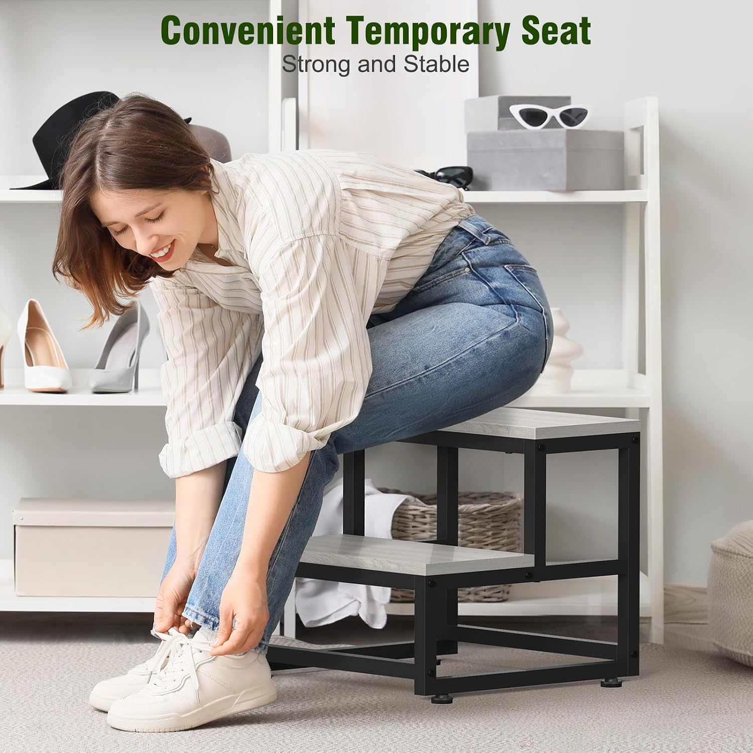 LIANTRAL Step Stool for Adults & Kids, Heavy Duty Wooden Stepping Stools, Bedside Foot Stool with 500lbs Load Capacity, Non-Slip 2 Step Stool for Bed, Kitchen, RV - Gray
