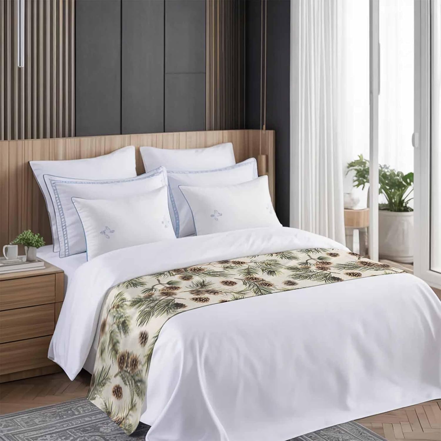Yukro Brown Pine Cones Bed Runner Scarf, Green Leaves Branch Vintage Linen Twin Bed Scarf Runner, No Fading Decorative Bedding Scarf for Bedroom Hotels Homes and Guestrooms