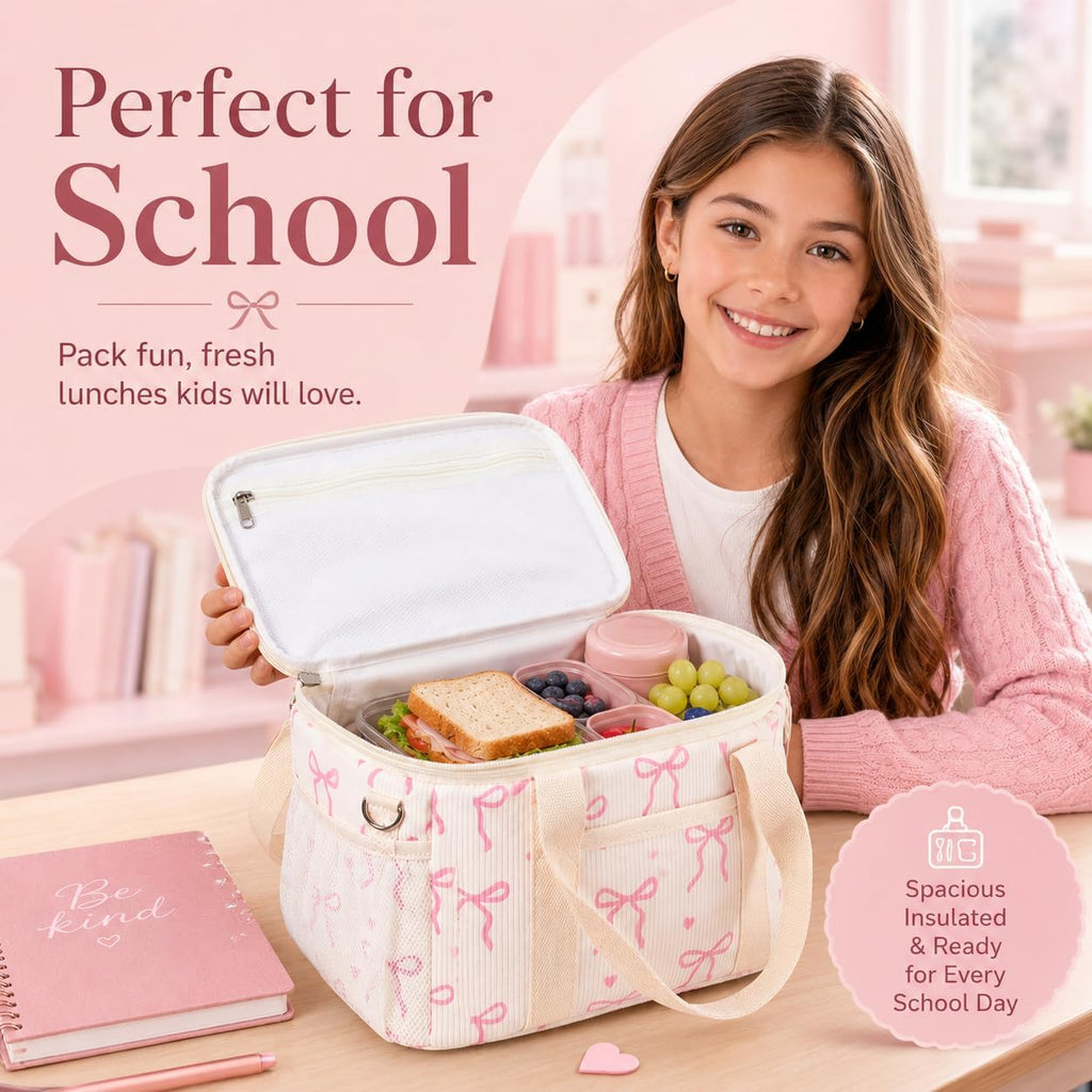 LOIDOU Lunch Box for Women Men Insulated Corduroy Lunch Bag Cooler Leakproof Reusable Adult Lunchbox Adjustable Strap lunch tote for Work Office Beach Picnic (Beige Bow)