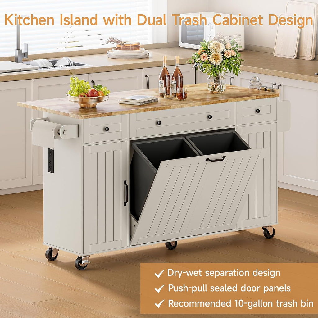 ONBRILL 69" Kitchen Islands with Dual Trash Cabinets, Rolling Island Cart with Large Storage, Dining Table with Solid Wood Drop Leaf, Bar Table with Power Outlet & Spice & Towel Rack, White
