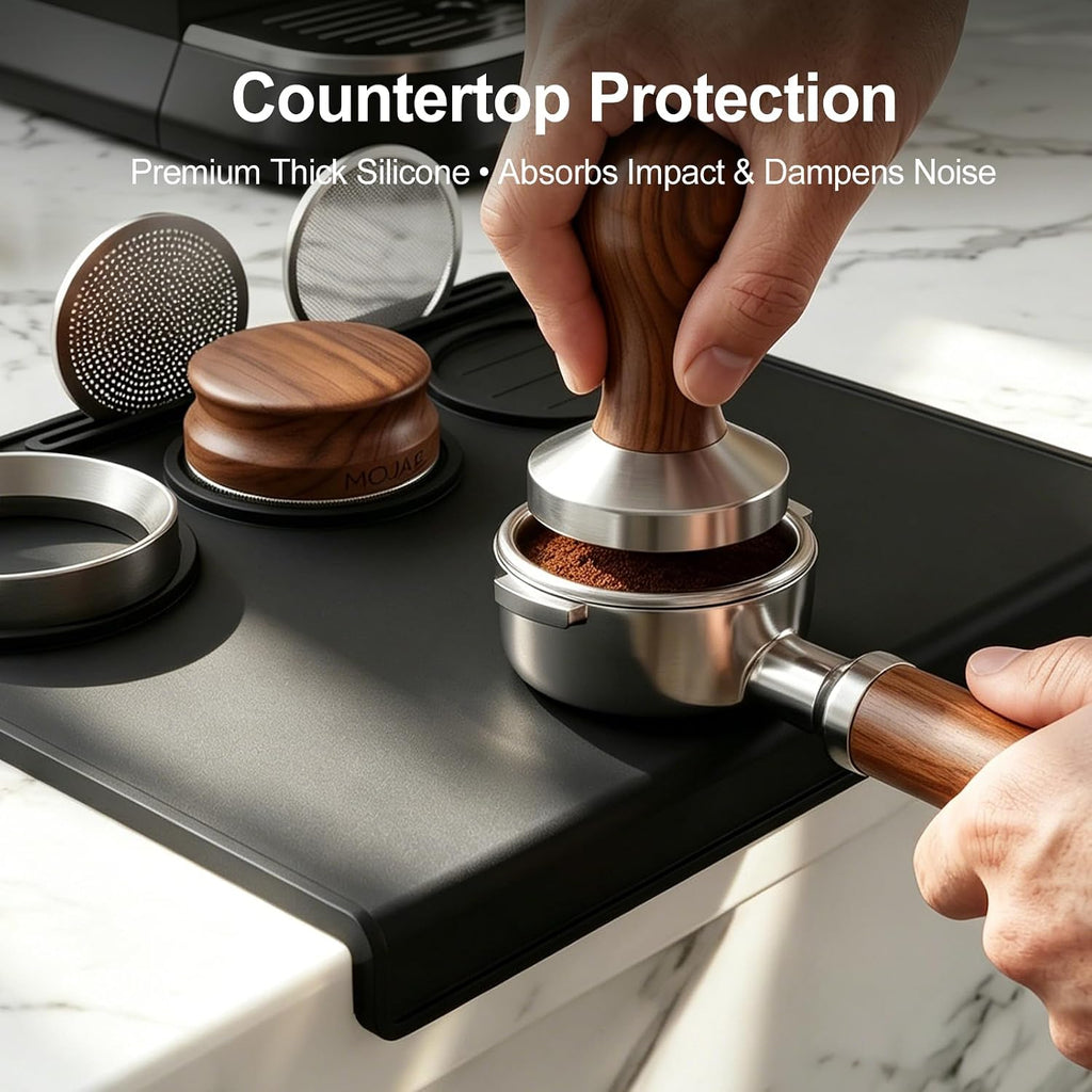 Espresso Tamping Mat, 90° Corner Silicone Coffee Bar Mat for 51/54/58mm Portafilters, Drawer-Friendly Tamper Mat with Tamper, Distributor & Puck Screen Slots, Countertop Protector, Black