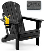 Folding Adirondack Chair Wood Texture, Patio Chairs Weather Resistant, Outdoor Chair, Lawn Chair with Cup Holder, Fire Pit Chair for Deck, Outdoor, Porch, Backyard (Black)
