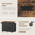 RALGEND Kitchen Island with Power Outlet & Drop Leaf, Mobile Rolling Cart with Trash Can Storage, 3-Tier Spice Rack, Island Table for Kitchen, Dining Room, Black and Rustic Brown