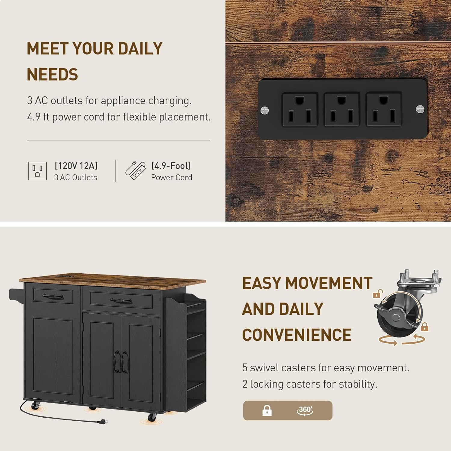 RALGEND Kitchen Island with Power Outlet & Drop Leaf, Mobile Rolling Cart with Trash Can Storage, 3-Tier Spice Rack, Island Table for Kitchen, Dining Room, Black and Rustic Brown
