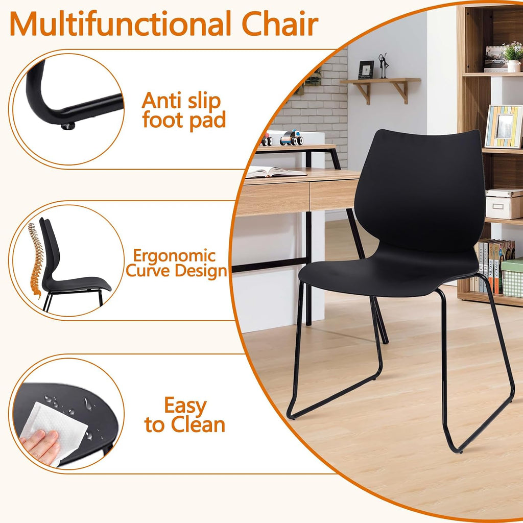 KLASIKA Stackable Waiting Room Chair, Stacking Office Chair with Ergonomic Lumbar Support and Metal Legs, Plastic Desk Chairs for Conference School Church Guest Reception Set of 12, Black