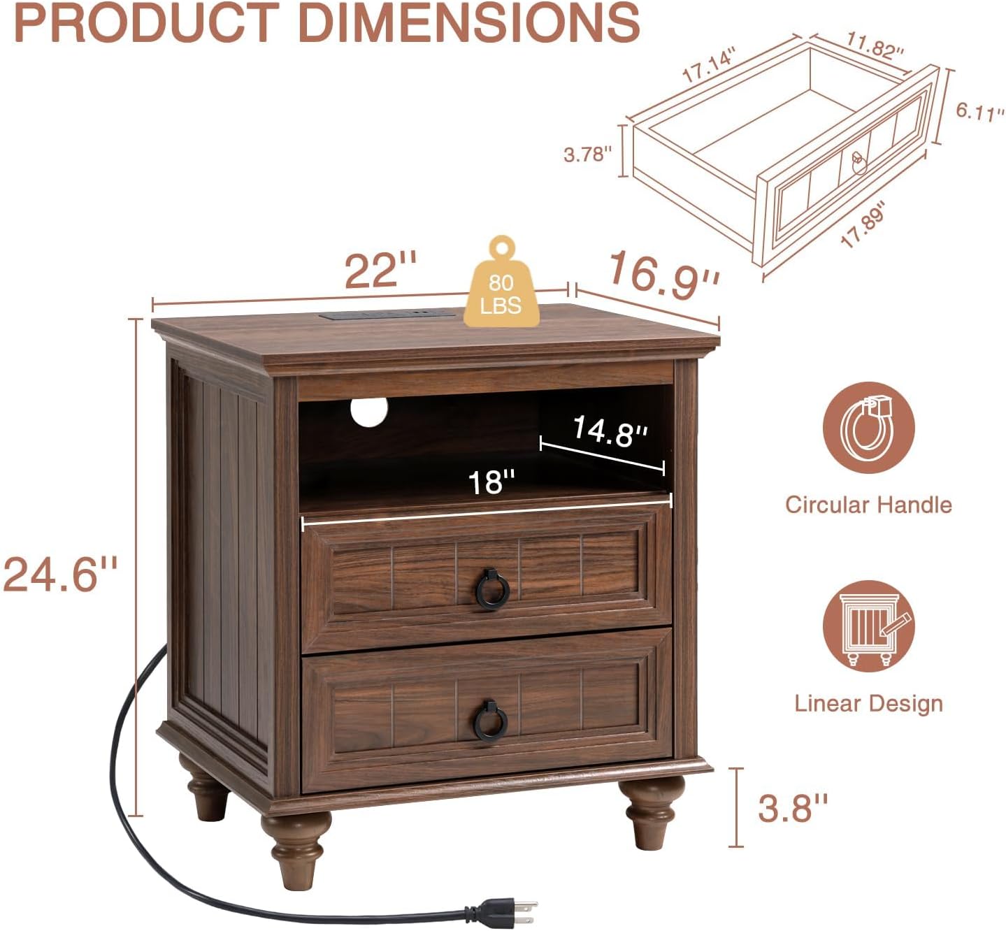 Farmhouse Nightstand with Charging Station, 22" Large End Table with 2 Drawers & Open Shelf, Rustic Wood Square Sofa Side Bedside Table w/4 Solid Wood Feet for Living Room, Bedroom,2 Pack,Walnut