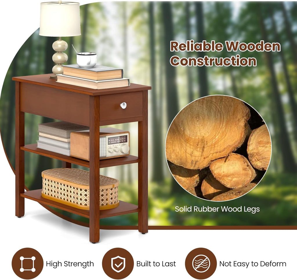 Giantex Narrow End Table Set of 2, Farmhouse Side Tables with Drawer & Storage Shelves, Wood Sofa Side Tables, 3-Tier Nightstands for Small Space, Living Room, Bedroom, 23.5"L x 12"W x 24.5"H, Brown