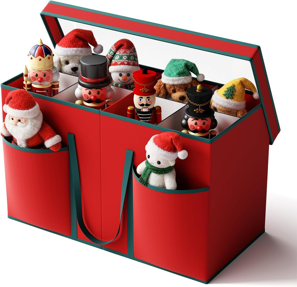 Christmas Figurine Storage Box & Nutcracker Storage Containers with Visible Lid for 15-inch Collectibles, Large Holiday Ornament Decor Organizer Keeps 8 Figurines, Xmas Decoration Storage Box, Red