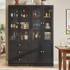 Cyclysio 80" Tall Pantry Cabinet Set of 3, Black Kitchen Storage Cabinet with Arched Glass Doors, 3 Drawers & Cupboard, Flush-to-Wall Coffee Bar Hutch with Baseboard Cutout for Dining Room