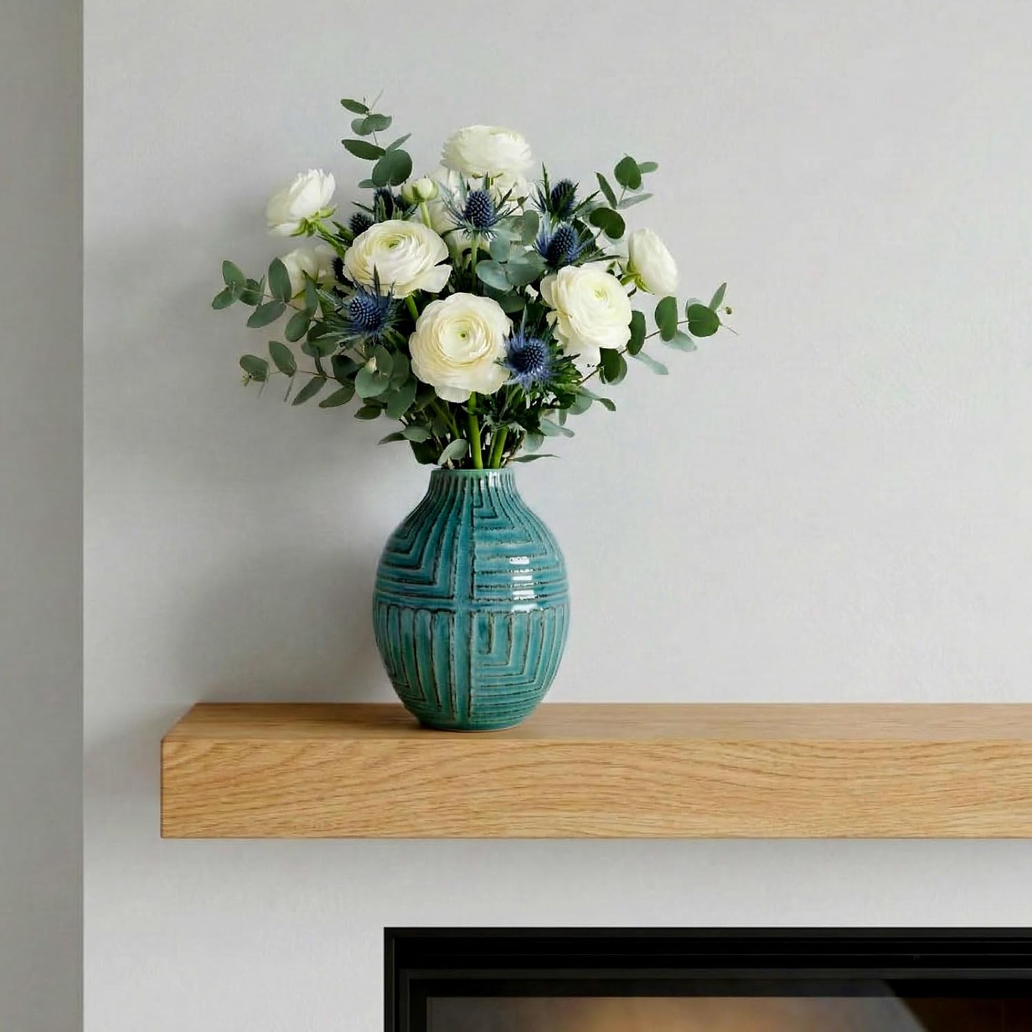 hjn hjn Teal Hand-Glazed Ceramic Vase - 5.7" H Modern Decorative Centerpiece Vase for Fresh/Dried Flowers, Home Decor for Living Room Bookshelf Mantel | Wedding Housewarming Gift