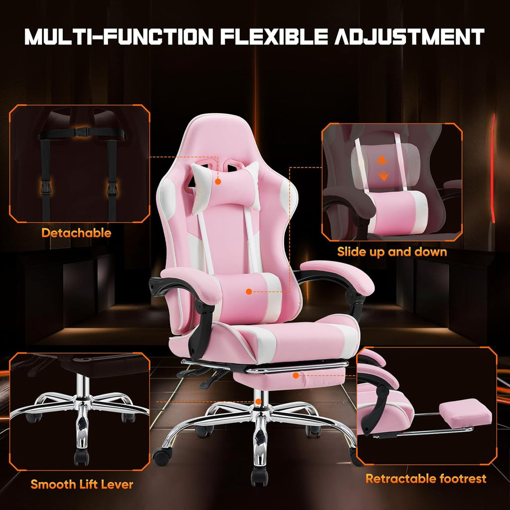 Sweetcrispy Video Game Desk Chair, Ergonomic High Back PU Leather Computer Gaming Chair with Headrest & Linkage Armrest, Height Adjustable with 360° Swivel, for Adults, Pink