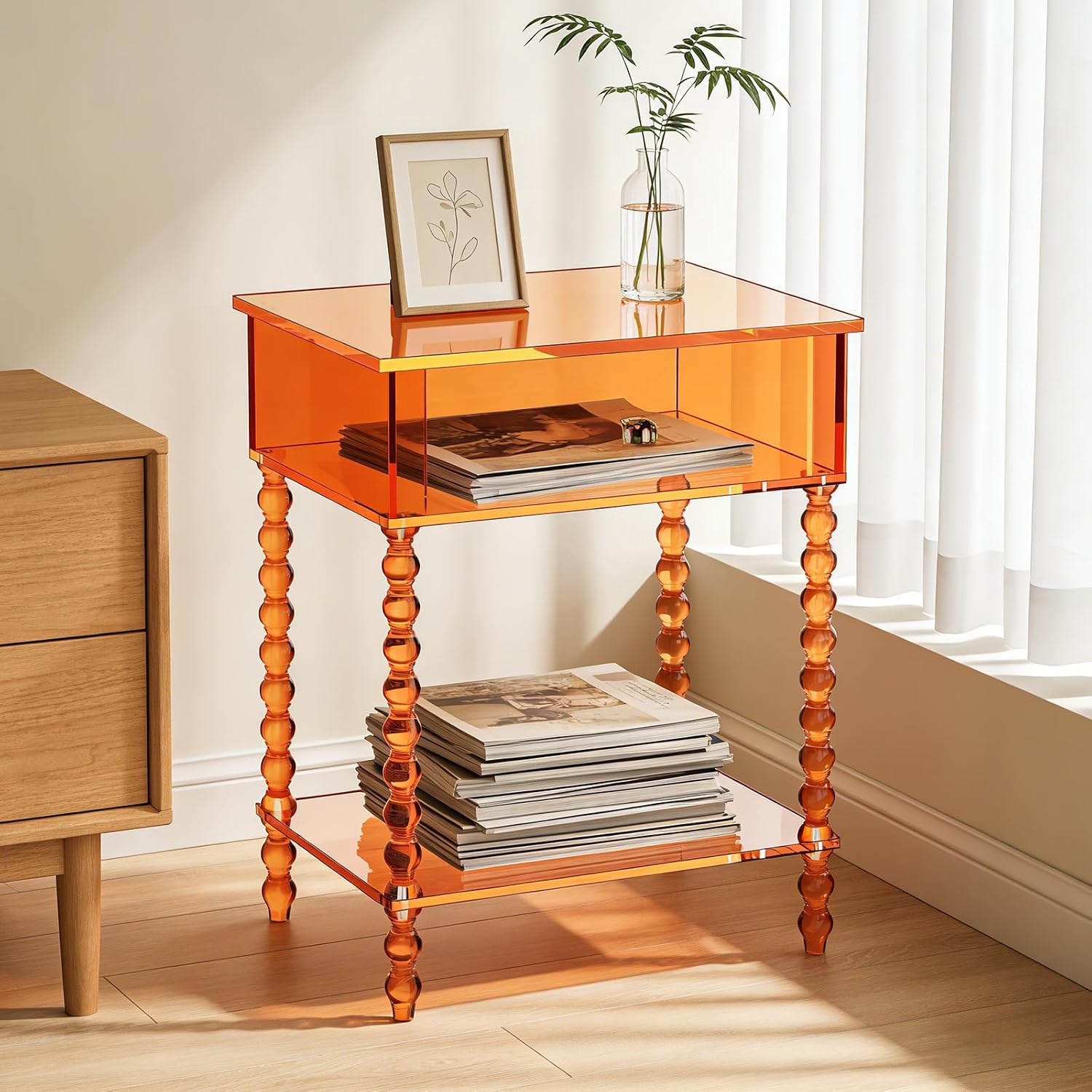 16inch Acrylic End Side Table, 3 Tier Orange End Table with Large Storage Modern Nightstand Coffee Table Accent Table for Compact Space Living Room Bedroom