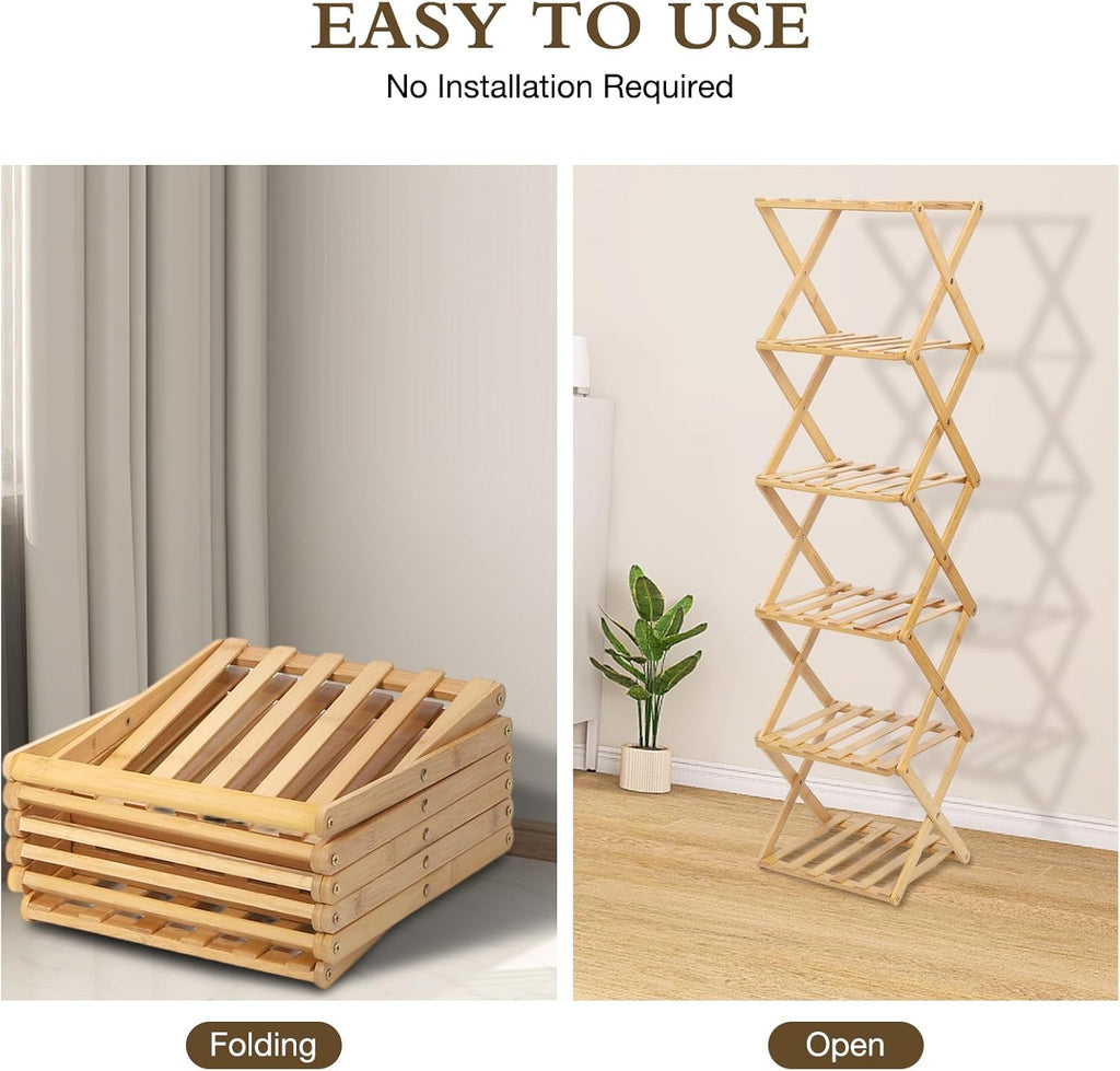 Bamboo Shoe Rack 6 Tier Foldable Shoe Rack Narrow Vertical Shoe Organizer Free Standing Shelf, Multifunctional Slim Storage for Entryway, Corner, Bedroom, Hallway, Wood Color