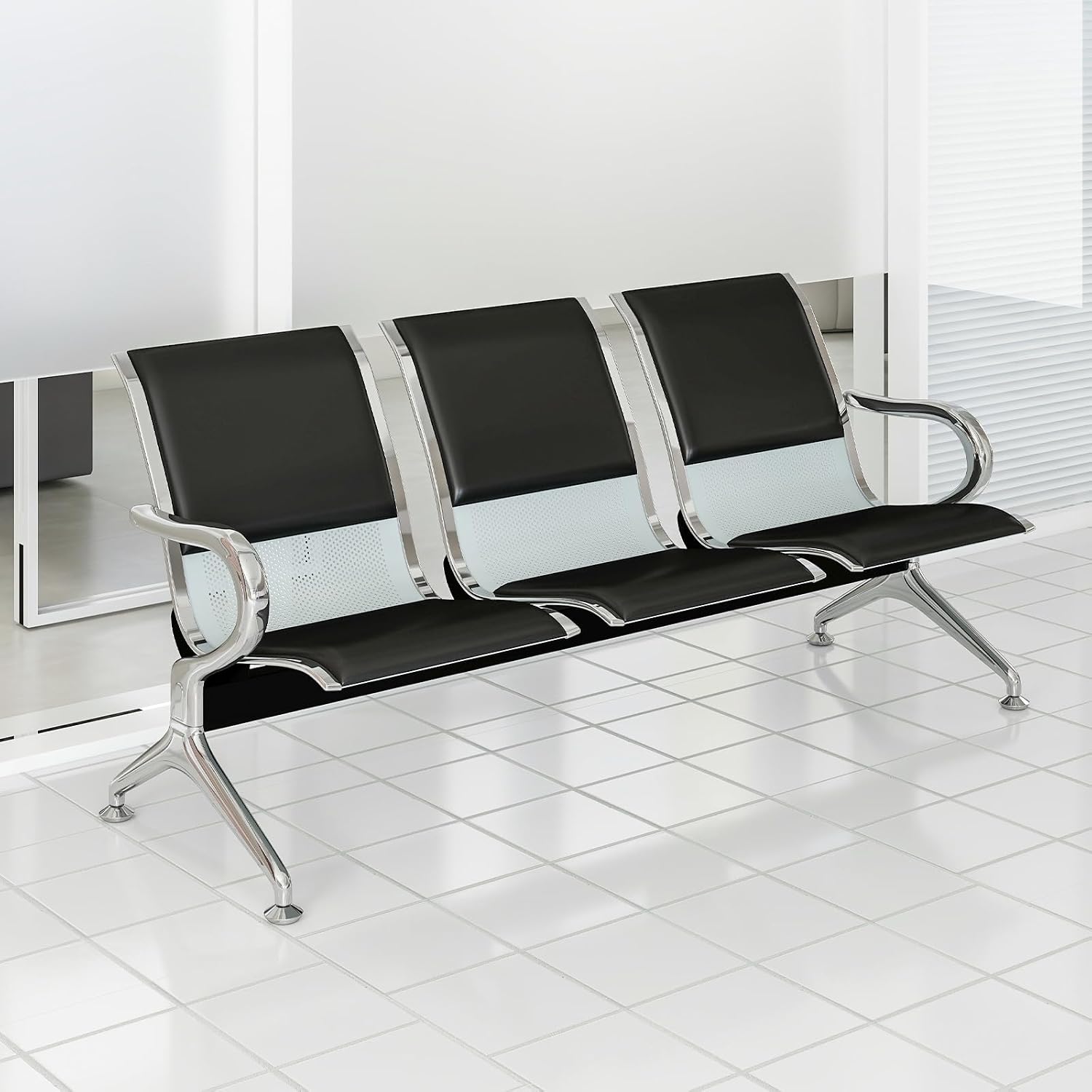 KINTNESS Guest Reception Chairs for Airport Waiting Room Office Chairs Salon Barber Bank Hall Room Conference Airport with Black Leather Cushion 3 Seat Bench Furniture …