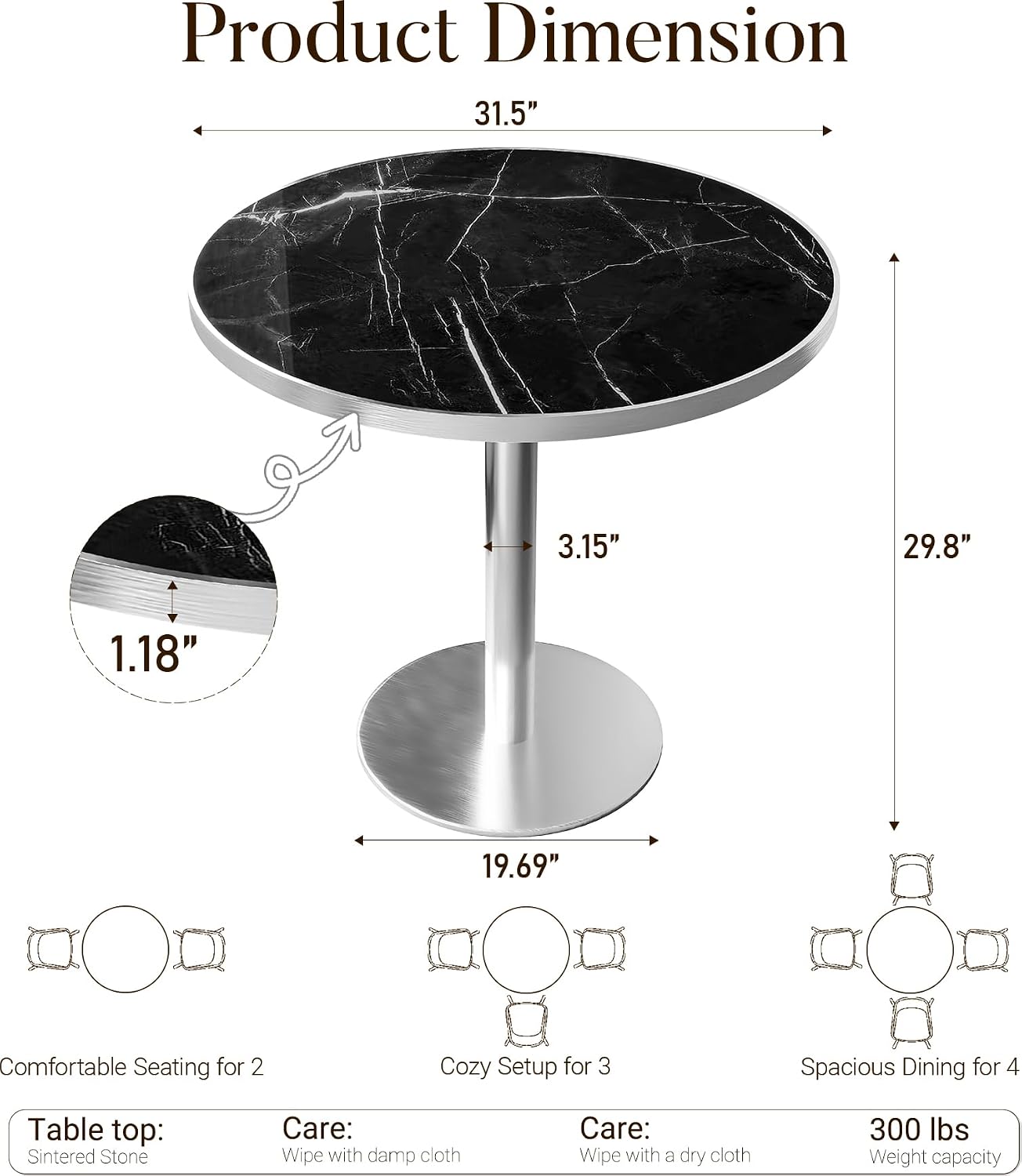 31.5" Tulip Table, Small Round Dining Table with 1.2" Thick Sintered Stone Tabletop and Silver Metal Pedestal Base, Bistro Table for Diner, Restaurant, Café, Bakery, Apartment (Marble Black Silver)