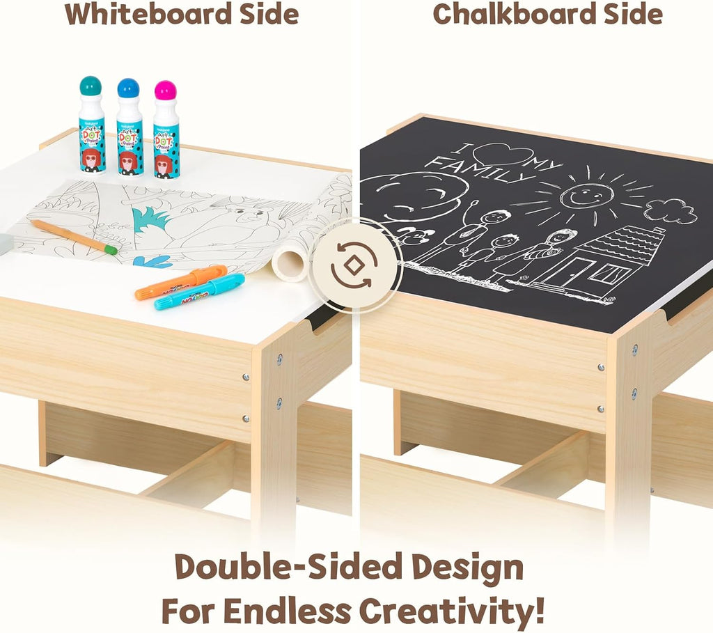 OOOK Kids Table and Chairs Ages 3-7, 4 in 1 Toddler Desk and Chair Set with Whiteboard, Blackboard, Storage Drawer and Book Rack. Toddler Activity Table for Kids Room, Nursery and Playroom
